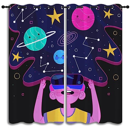 VR Video Game Gamepad Grommet Blackout Curtains for Boy Girl Bedroom,Gaming Gamer Glasses Controller and Stars and Planets Thermal Insulated Home Window Drapes for Living Room Darkening,72x63 inch