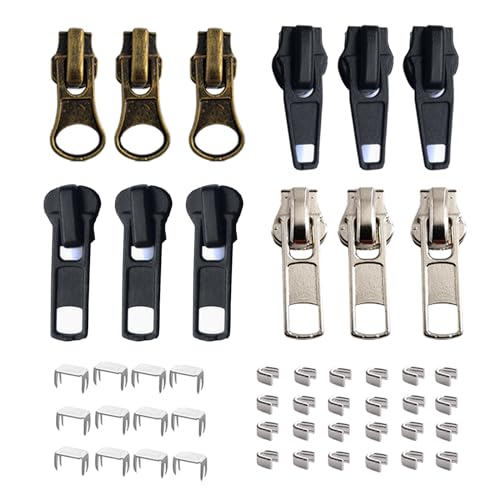 Zipper Repair Kit 12 Pcs Sliders with Pulls for # 5 Metal Plastic Nylon Zippers in 3 Colors Top Bottom Stops Replacement Zip for Jacket Backpack Home Decorations.