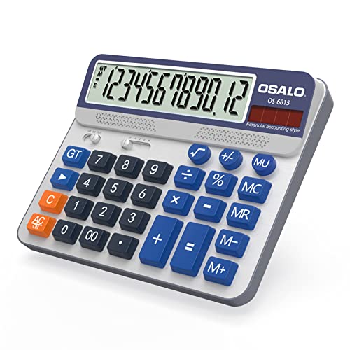 Desktop Calculator Extra Large 5in LCD Display 12-Digit Big Button Giant Accounting Calculator, Battery & Solar Powered, for Office Business & Home(OS-6815)