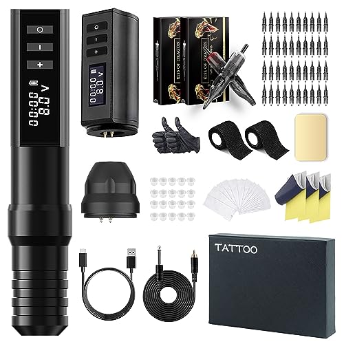 Wireless Tattoo Machine Pen Kit Complete Rotary Tattoo Gun Two 2400mAh Power Supply 40pcs Cartridge Needles Tattoo Ink Practice Skin Bandage for Beginners