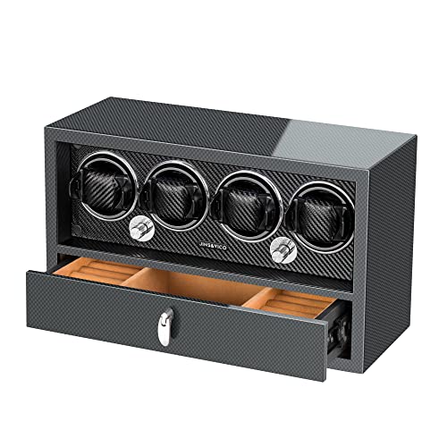 Watch Winder for Automatic Watches,Upgrade Watch winder with Jewelry Drawer,Japanese Mabuchi Motor, LED Illumination,Piano Finish Carbon Fiber Exterior,Flexible Watch Pillows, AC Adapter Charge