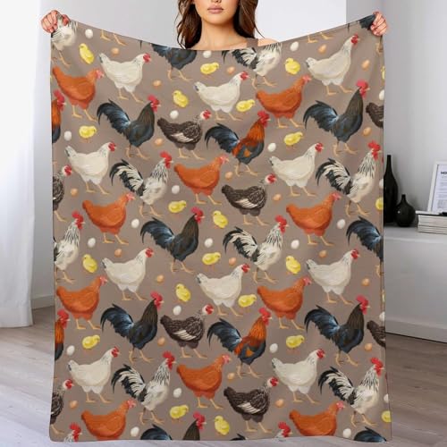 Chicken Printed Blanket, Soft Fuzzy Flannel Plush Chicken Gifts Throw Blanket for Couch Sofa Bed Chicken Lover, Funny Colorful Rooster Blankets for Baby Kids All Season 60'x50'