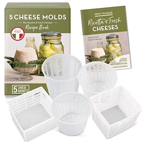 Easy Cheesemaking Set | 5 Cheese Molds + Cheese Making Book | Made in Italy | Recipes to Make Ricotta, Paneer, Goats Cheese, Quark and More | Professional Cheese Press Basket Mold Set of Strainers