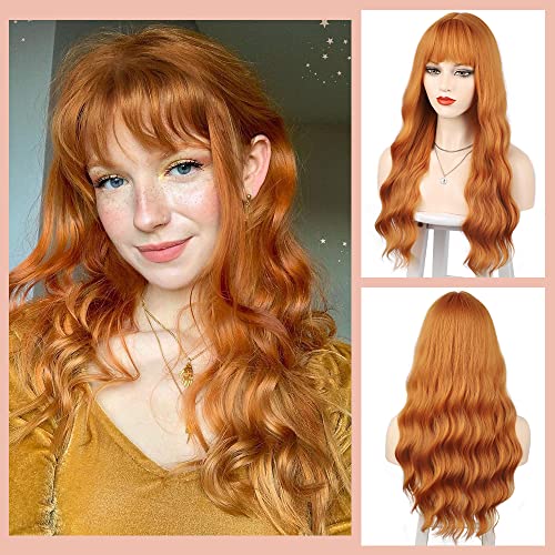 ENTRANCED STYLES Ginger Wig with Bangs Ginger Wavy Wigs for Women Long Orange Wig Heat Resistant Synthetic Orange Wig for Daily Cosplay Party(26inch Orange)