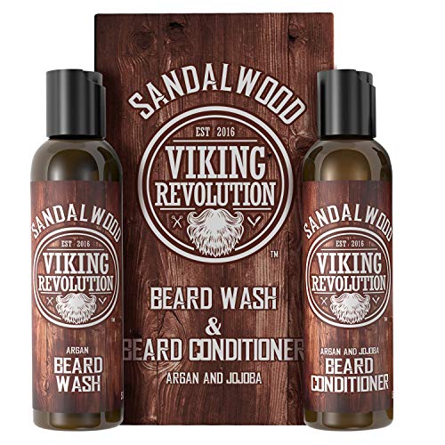 Viking Revolution Beard Wash & Beard Conditioner Set w/Argan & Jojoba Oils - Softens & Strengthens - Natural Sandalwood Scent - Beard Shampoo w/Beard Oil (5oz)