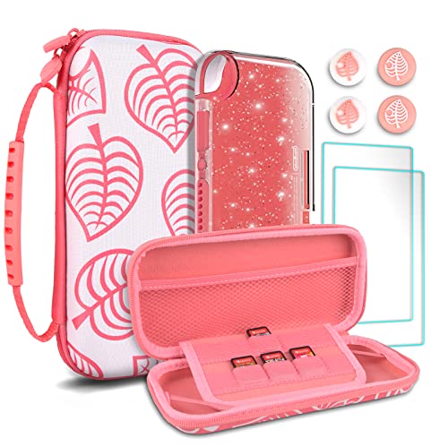 TIKOdirect Carrying Case for Nintendo Switch lite, Shockproof Portable Travel Bag with Glitter Galaxy case, Screen Protectors and Cute Leaf Thumb Grips Caps, Animal Crossing Pink
