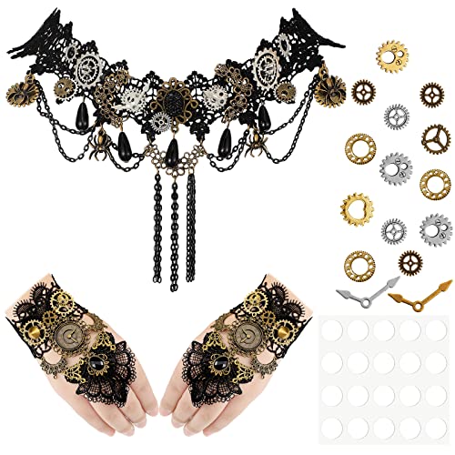 Hicarer 19 Pieces Gothic Steampunk Gear Choker Necklace Punk Black Choker Lace Necklace Steampunk Bracelets Gothic Wristband Ring Steampunk Gear Eye Decals with Adhesive Glue Points Set (Vivid Style)