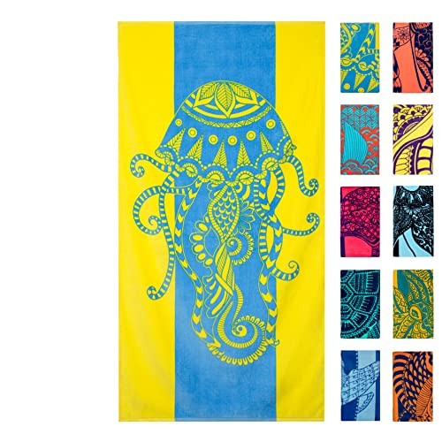 Nova Blue Jellyfish Beach Towel – Tropical Blue & Yellow Colors with A Unique Design, Extra Large, XL (34”x 63”) Made from 100% Cotton