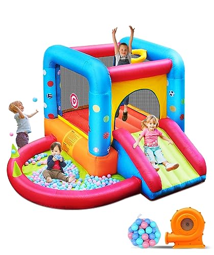 Step4Fun Inflatable Bounce House, Kids Castle Slide Bouncer for Children Jumping Outdoor and Indoor Party, Baby Backyard Water Jumper Toy with Blower, Ball Pit Pool, Ideal Gifts（112 x 98 x 65”）