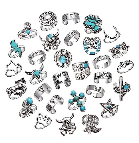30Pcs Vintage Silver Knuckle Rings Set for Women Men Teen Girls, Western Cowgirl Cowboy Stackable Joint Finger Rings Retro Carved Stone Stacking Midi Adjustable Rings Bohemian Turquoise Boots Cross Cactus Cow Head Rings Pack