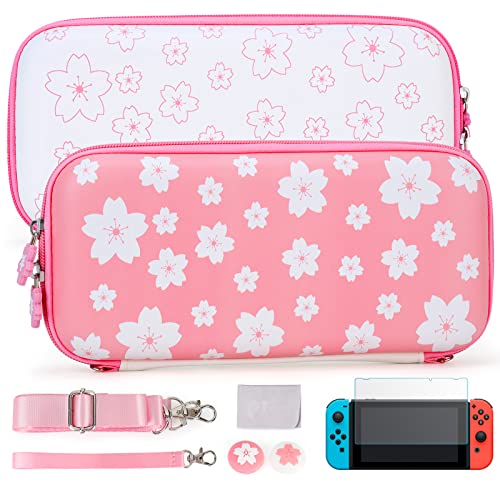 Tscope Cute Carrying Case for Nintendo Switch / OLED, Pink Sakura Protective Portable Hard Shell Travel Carry Shoulder Bag & Accessories for NS Consolo, for Girls, Kids (Switch Pink)