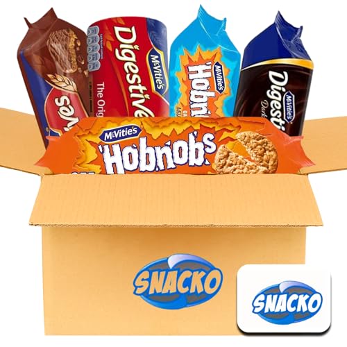 British Biscuits Variety Pack. Comes with Five McVities Assorted Favorites including 3 Digestives Biscuits, Milk Chocolate Hobnobs Biscuits, Ginger Nuts Biscuits plus a Snacko Fridge Magnet.