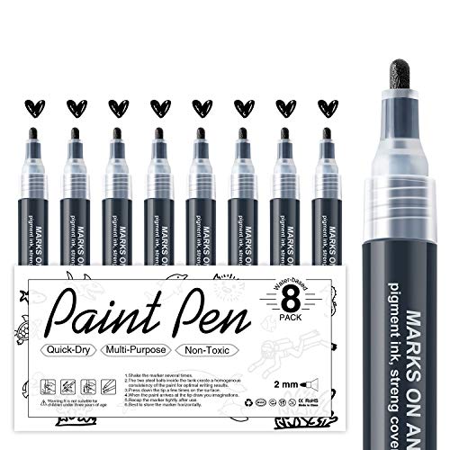 AKARUED Black Acrylic Paint Markers: 8 Pack Black Paint pen, Acrylic Black Paint Marker for Rock Painting, Stone, Wood, Glass, Metallic, Ceramic, Graffiti, Paper, Drawing, Water-Based Paint pens Sets