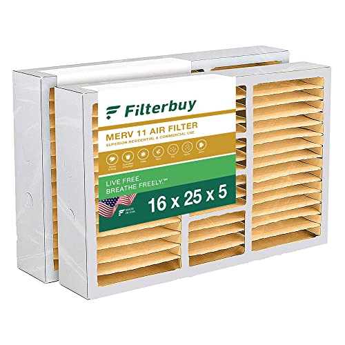 Filterbuy 16x25x5 Air Filter MERV 11 Allergen Defense (2-Pack), Pleated HVAC AC Furnace Air Filters for Honeywell FC100A1029, Lennox X6670, Carrier, Bryant, & More (Actual Size: 15.75 x 24.75 x 4.38)