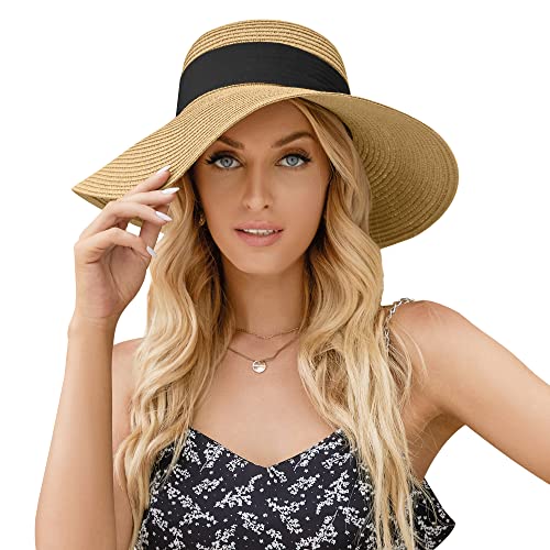Womens Beach Sun Straw Hat - UV Protection UPF 50+ Sun Hats for Women with Wide Brim, Foldable Floppy Straw Beach Hat for Women