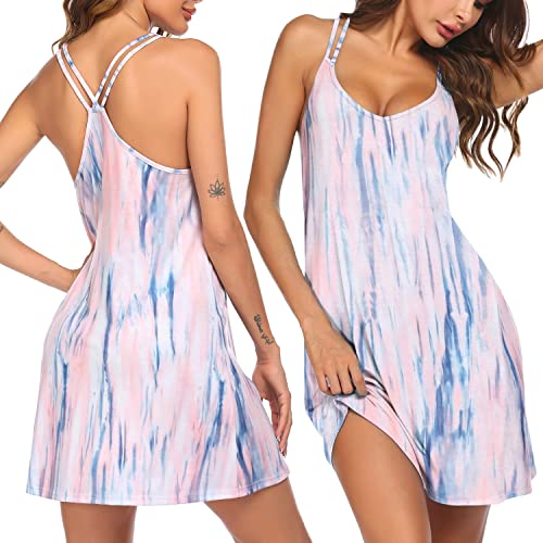 Ekouaer Nightshirts Sexy Nightdress Spaghetti Strap Negligee Nightgown Deep V Neck Chemise(Tie-Dye Sea,X-Large)