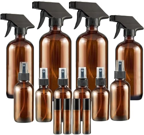 QINGYA 14 Pack amber glass bottle Set,Empty Boston Round Bottles with Adjustable Nozzle,Multi Size and Versatile(16oz,8oz,4oz,2oz,1oz) x 2, 10 ml Roller Bottle x 4 with Labels