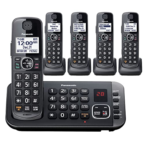 Panasonic DECT 6.0 Expandable Cordless Phone System with Answering Machine and Enhanced Noise Reduction - 5 Handsets - KX-TGE645M (Metallic Black)