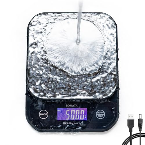 BOMATA Waterproof Food Scale, 0.1g/0.01oz High Precision, 5kg/11lb, Washable, USB Rechargeable, Stainless Steel Weighing Platform, Digital Kitchen Scale for Cooking, Baking, Weight Loss, etc.…