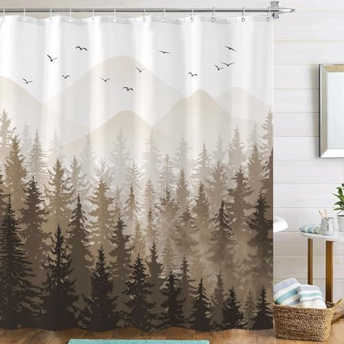 Aipon Brown Misty Forest Shower Curtain Ombre Nature Tree Plants Shower Curtains Fabric Waterproof Mountain Shower Curtain Sets for Bathroom Bath Decor with 12 Hooks (Brown, 72'' × 72'')