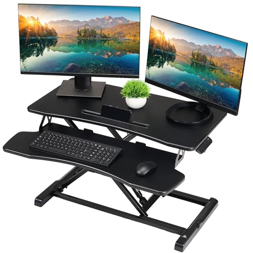 TechOrbits Standing Desk Converter-32-inch Height Adjustable, MDF Wood, Sit Riser-Black, 32'