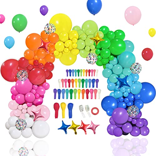 PERPAOL 146pcs Rainbow Balloons Garland Arch Kit, 12 Assorted Multicolor and Confetti Balloons for Birthday Color Party Anniversary Festival Carnival Circus Decoration with Star Foil Balloons…