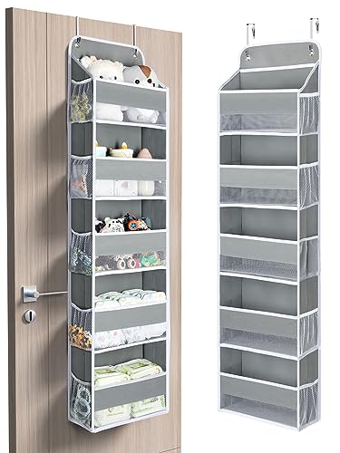 Yecaye 1 Pc Over The Door Organizer with 5 Bins 10 Side Pockets, 44lbs Load Hanging Bathroom Organizer, No Tilt Closet Organizers and Storage for Bedroom, Baby Organizer for Extra Storage, Grey