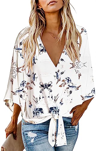 Women's Casual Floral Blouse Batwing Sleeve Loose Fitting Shirts Boho Knot Front Tops White L