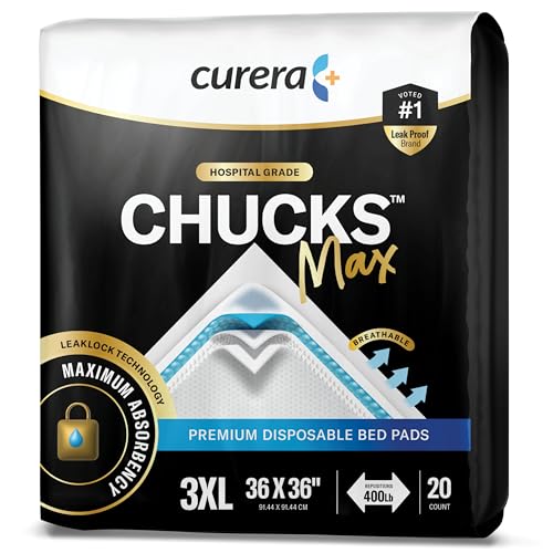 Chucks MAX Hospital Bed Pads Disposable Adult XXX-Large, 36 x 36', Heavy Duty Absorbency Underpads - 400 Lbs. 20 Pads, Package May Vary