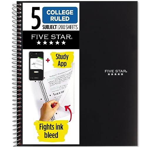 Five Star Spiral Notebook + Study App, 5 Subject, College Ruled Paper, Fights Ink Bleed, Water Resistant Cover, 8-1/2' x 11', 200 Sheets, Black (72081)