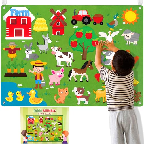 WATINC Farm Animals Felt Story Board Set 3.5Ft 38Pcs Preschool Farmhouse Themed Storytelling Flannel Barnyard Domestic Livestock Early Learning Interactive Play Kit Wall Hanging Gift for Toddlers Kids