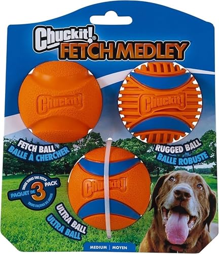 Chuckit! Dog Fetch Ball Medley, Medium, 3 Pack, Ultra, Rugged Balls Included