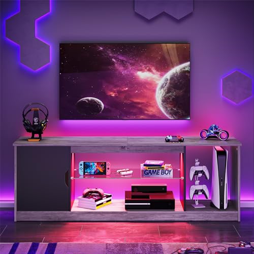 Bestier LED TV Stand for 55/60/65 Inch TV, Gaming Entertainment Center with Cabinet for PS5, Modern TV Cabinet with Adjustable Glass Shelves for Living Room, Bedroom 58 Inch, Grey Wash