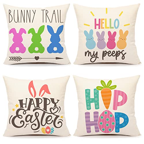4TH Emotion Easter Pillow Covers 18x18 Set of 4 Spring Farmhouse Decor Hip Hop My Peeps Bunny Trail Holiday Decorations Throw Cushion Case for Home Decorations TH085