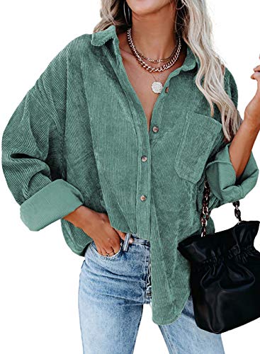 Astylish Womens Soft Cuffed Sleeve Corduroy Collar Shirts Long Plus Size Button Down Blouse Tops Green L