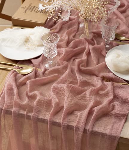 Vitalizart Dusty Rose Pink Cheesecloth Table Runner 10Ft Cheese Cloth Boho Tablecloth 35 x 120 Inches Gauze Fabric Rustic Decorations for Bridal Wedding Decor Baby Shower Valentines Birthday Party