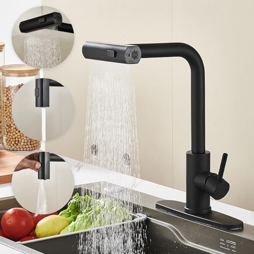 AVSIILE Kitchen Faucet with Pull Down Sprayer, Black Waterfall Touch Single Hole Stainless Steel Kitchen Sink Faucets, Commercial Modern Single Handle Faucets for Kitchen Sinks with Pull-Down Sprayer