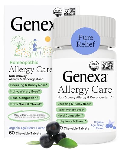 Genexa Adults' Allergy Care | Non-Drowsy, Homeopathic Decongestant & Allergy Medicine Relief | Delicious Organic Acai Berry Flavor | 60 Chewable Tablets
