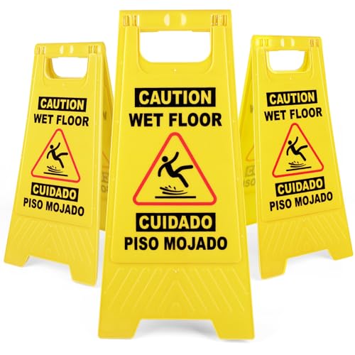 XPCARE 3Pack Caution Wet Floor Sign, Bilingual Foldable Sturdy Warning Signs Double-Sided Safety Signs, 24 Inches,Yellow