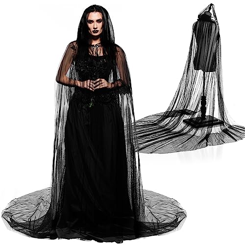 Hercicy Haunted Hooded Cape, Full Length Sheer Cape with Oversized Hood, Hooded Elf Cloak Wedding Tulle Robe for Women Adult Bride Witch Vampire Costume Dress Black