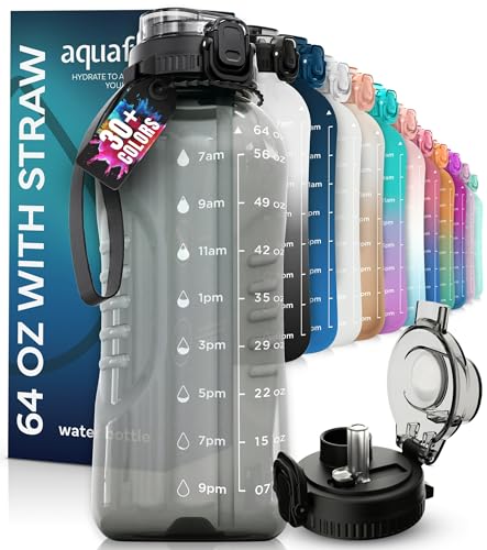 AQUAFIT Half Gallon Water Bottle with Time Marker - 2in1 Lid - 64 oz Water Bottle with Straw - Gym Water Bottle - Big Water Bottle - Reusable Water Bottles with Straw - Large Water Bottle (Gray)