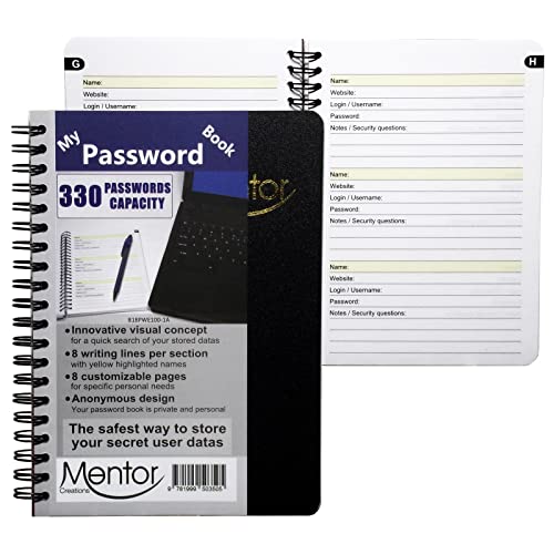 Mentor Creations My password book - 7' X 5' Quick search design password and private code journal (Black, Regular)