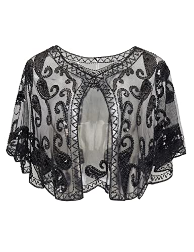 BABEYOND 1920s Shawl Wraps Beaded Evening Cape Bridal Shawl Flapper Cover Up (Black)