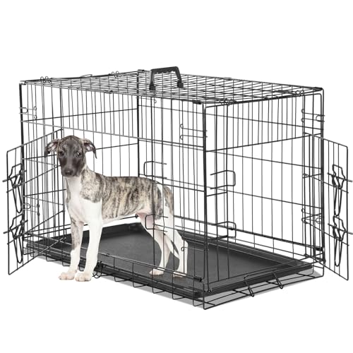 Sweetcrispy Medium Dog Crate with Divider Panel, 30 Inch Double Door Folding Metal Wire Dog Cage with Plastic Leak-Proof Pan Tray, Pet Kennel for Indoor, Outdoor, Travel