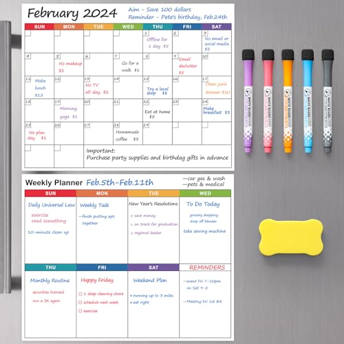 Magnetic Dry Erase Calendar Whiteboard - 2 Pack, Monthly & Weekly Planner White Board - Magnet Family Planning Schedule Boards for Fridge, Wall, Refrigerator - With 5 Color Markers & 1 Eraser, 14'x11'