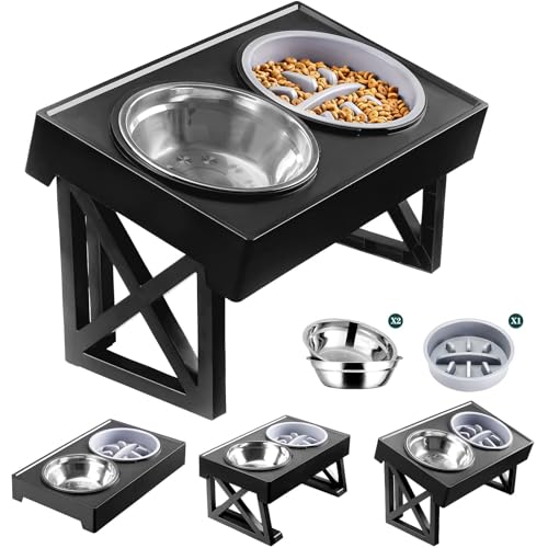 MDEHOPET Dog Bowl Stand for Small Medium Large Dogs, 3 Adjustable Heights Elevated Dog Bowls Feeder with Slow Feeder Bowl 2 Stainless Steel Food & Water Bowls for Pets