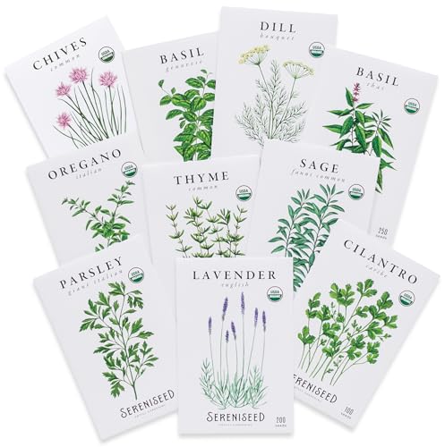Sereniseed Certified Organic Herb Seeds (10-Pack) – Non GMO, Heirloom – Seed Starting Video - Basil, Cilantro, Oregano, Thyme, Parsley, Lavender, Chives, Sage, Dill Seeds for Indoor & Outdoor Planting