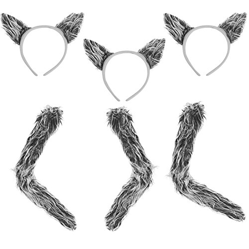 3 Sets of Wolf Ears & Tails - 3 Sets of Faux Fur Grey Worf Ears Headbands and Tails for Costume