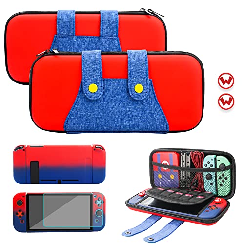 FUNDIARY Carrying Case for Nintendo Switch, Shockproof Hard Shell Carry Case for Switch, Travel Case Accessories with TPU Red and Blue Cover Case, Screen Protector, 2 Cute Thumb Grips(for Mario)
