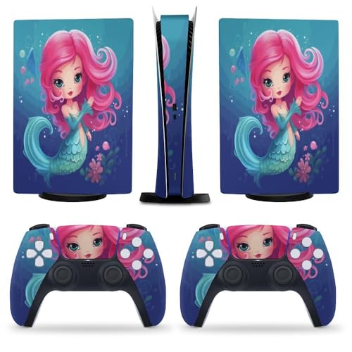 Buyidec Mermaid Pink Tail for PS5 Skin Console and Controller Accessories Cover Skins Anime Vinyl Cover Sticker Full Set for Playstation5 Digital Version